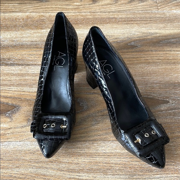 AGL Black Buckle Croc-Embossed Pumps